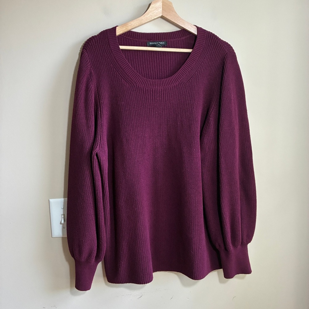 Banana Republic Puff Sleeve Ribbed Sweater XL Plum Purple Womens Cotton Blend